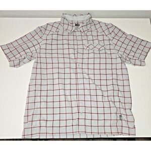 REI Short Sleeve Shirt Gray Red Plaid Camp Style Button Up Nylon Blend Men Large